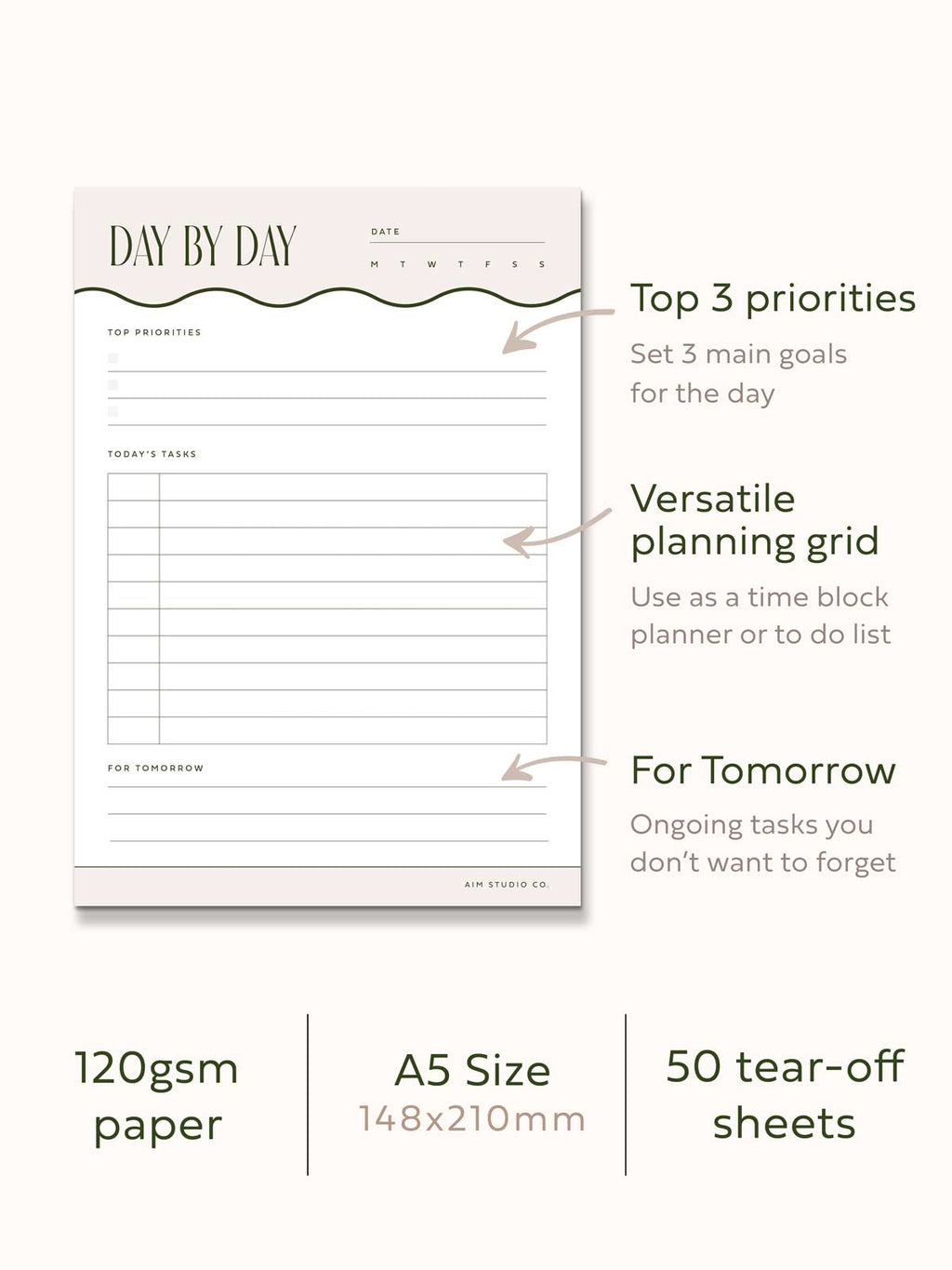 'Day by Day' Daily Productivity Planner | A5 Tear-Off Notepad