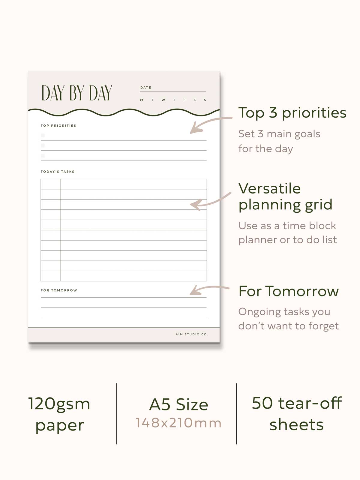 'Day by Day' Daily Productivity Planner | A5 Tear-Off Notepad