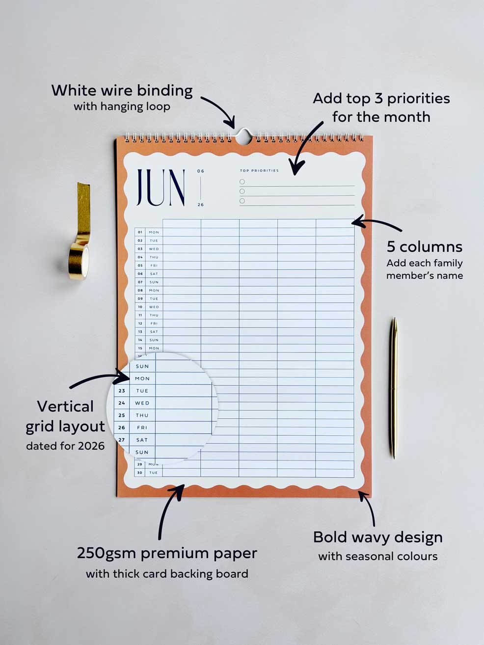 2026 A3 Family Wall Calendar: 5 Column Planner